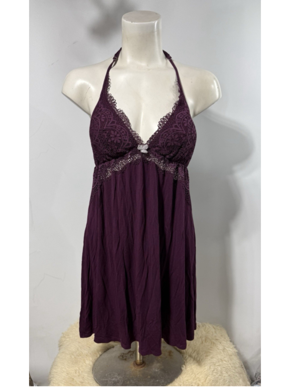 Victoria’s Secret Purple Lace Mesh Halter Babydoll Chemise Lingerie M
